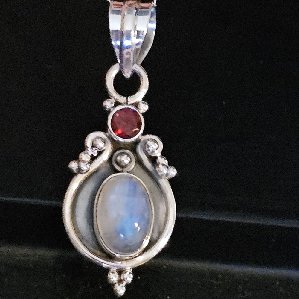 Sterling Silver Moonstone & Garnet Pendant, Gemstone Jewelry, Gift Idea, 925